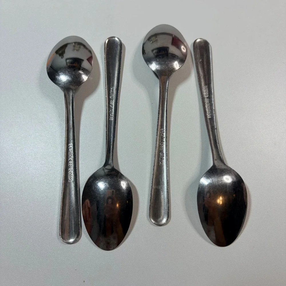 Set of 4 Stainless China Silverware Teaspoons Double Line Border Pattern Silver
